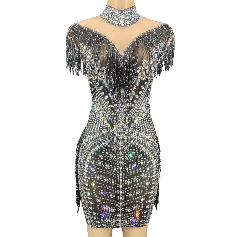 Rhinestone Tassel Mesh Mini Dresses