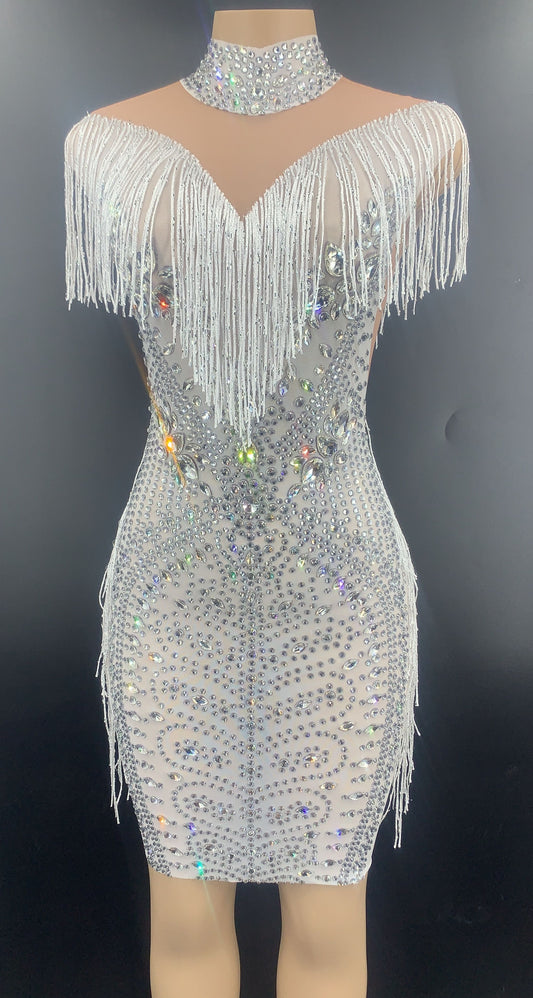 Rhinestone Tassel Mesh Mini Dresses