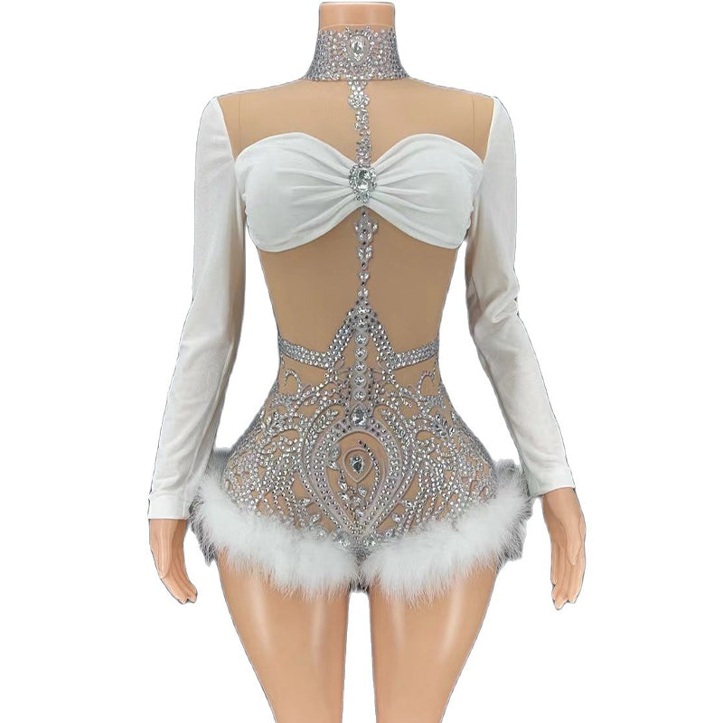 Rhinestone Long Sleeve Mesh Feather Romper