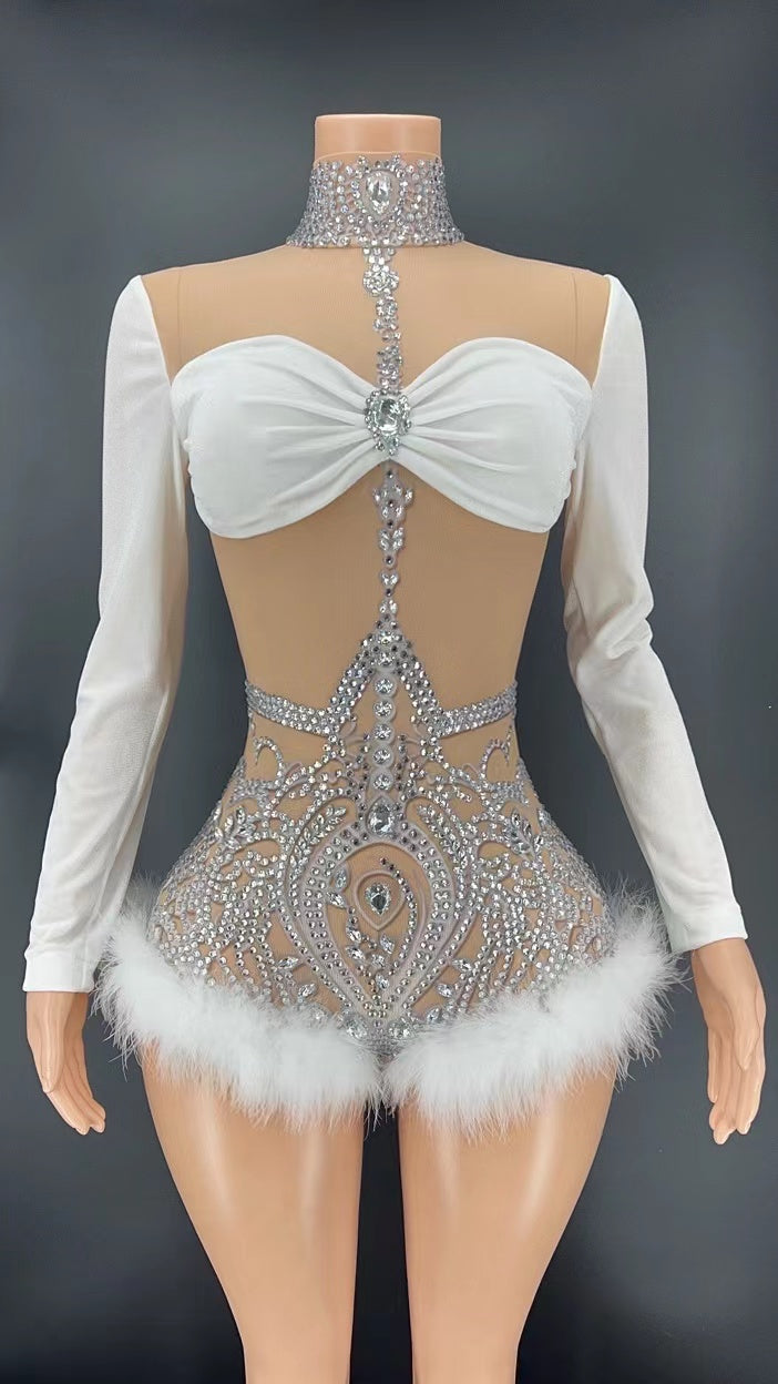 Rhinestone Long Sleeve Mesh Feather Romper