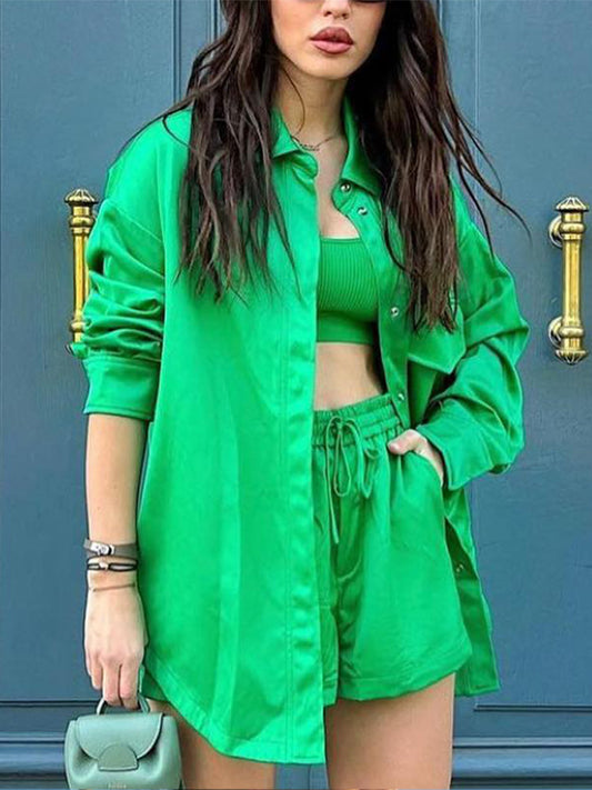 Satin Long Sleeve Shirt & Mini Shorts