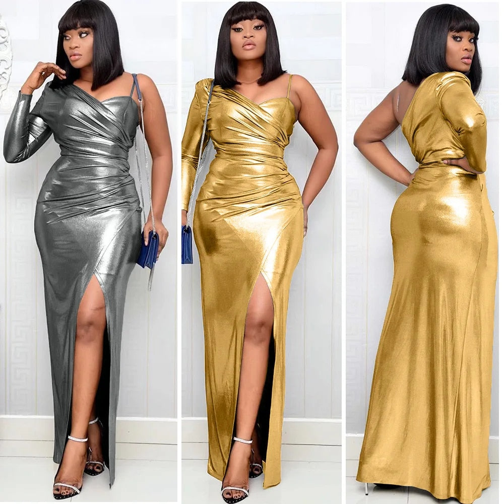 Metallic One Shoulder High Slit Maxi Dresses
