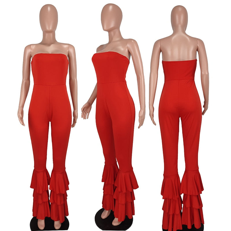 Red Strapless Flared Legs Jumpsuit