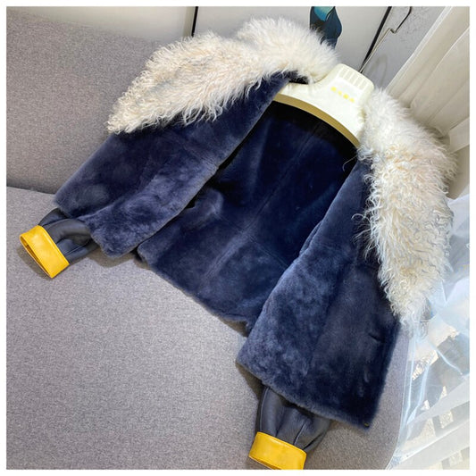Genuine Leather Real Sheep Fur Collar Coat
