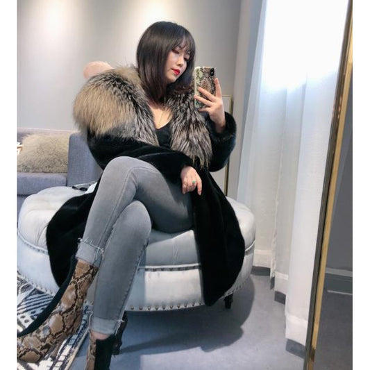 Black Mink Fur With Thick Fox Fur Hood/Collar Coat