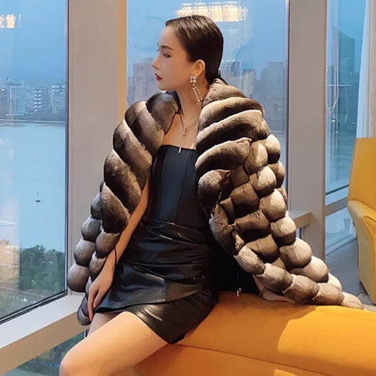 Chinchilla Style Real Rex Rabbit Fur Coat Big Collar