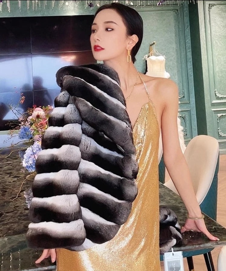 Chinchilla Style Real Rex Rabbit Fur Coat Big Collar