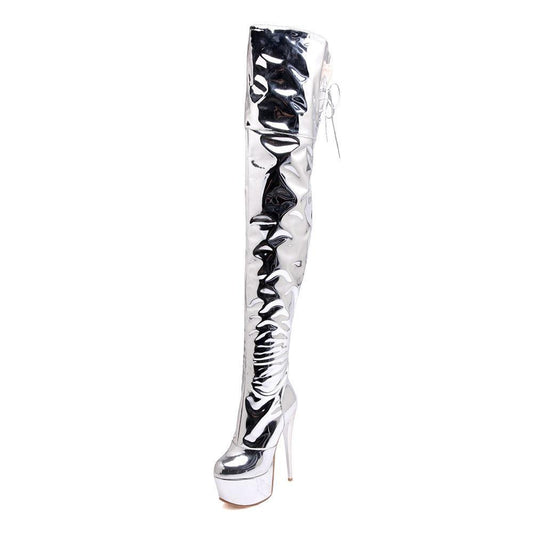 Metallic Silver Thigh High Thin High Heel Platform Boots