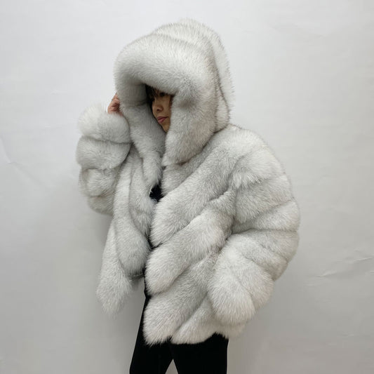 Pattern Hooded Real Fur Coats