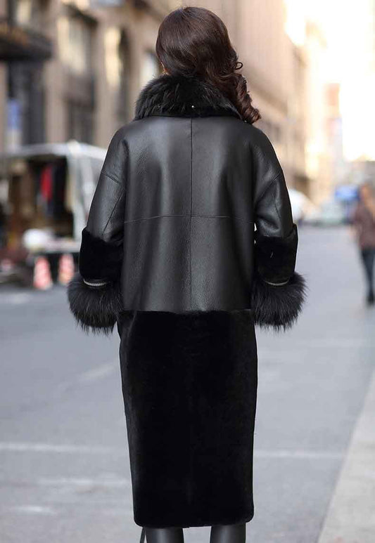 Genuine Leather Long Coat Shearing Fur Collar & Cuffs