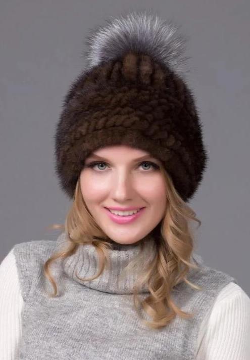 Mink Fur Knitted Slver Fox Fur Pom Caps