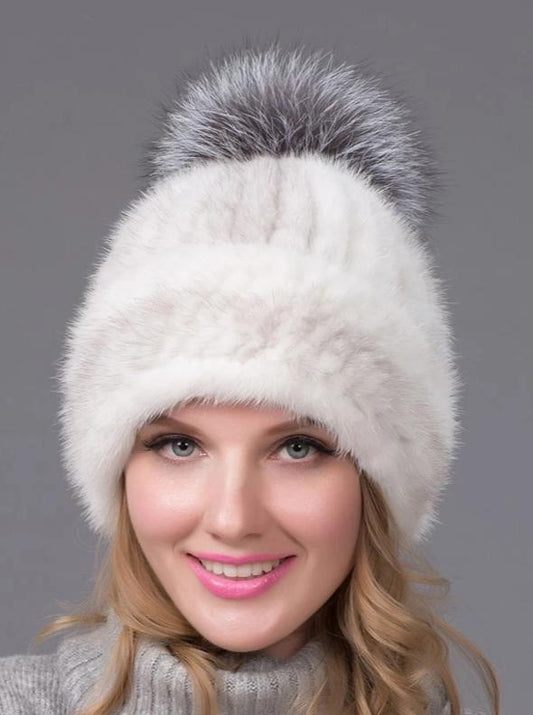 Mink Fur Knitted Slver Fox Fur Pom Caps