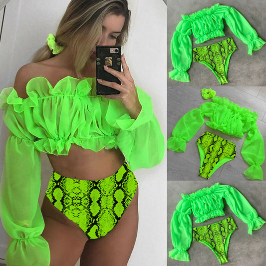 Mesh Ruffle Crop Top Padded High Waist Bikini Set