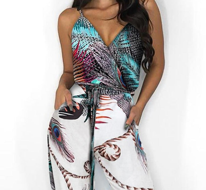 Spaghetti Strap Print Slit Leg Jumpsuit