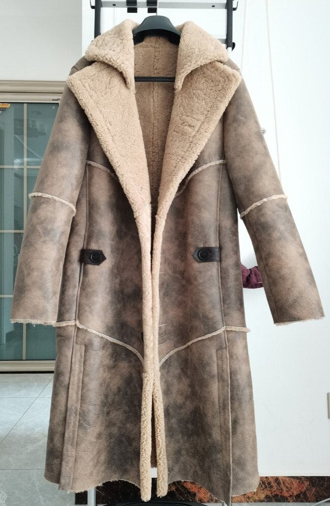 Jungle Brown Real Shearling Fur Long Coat