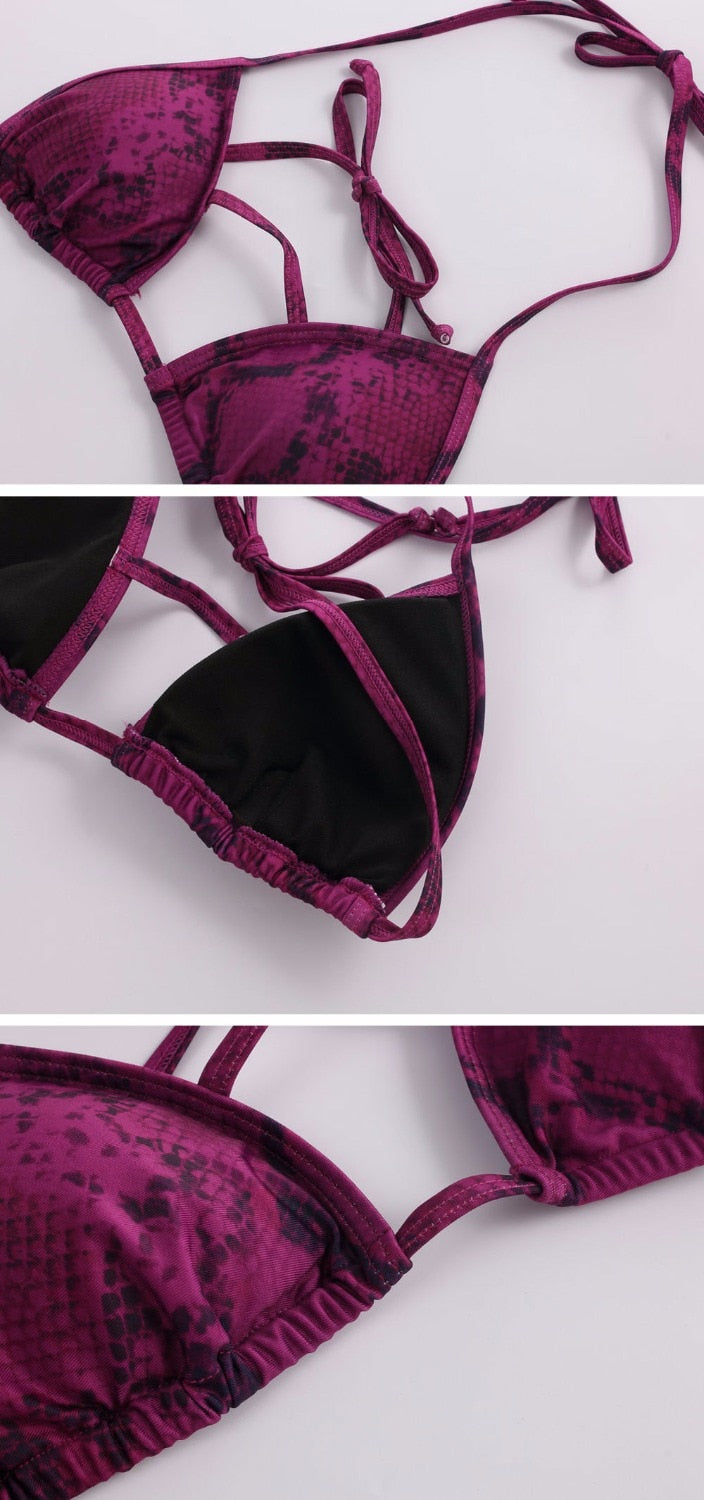 Purple Snake Print High Waist Bikini