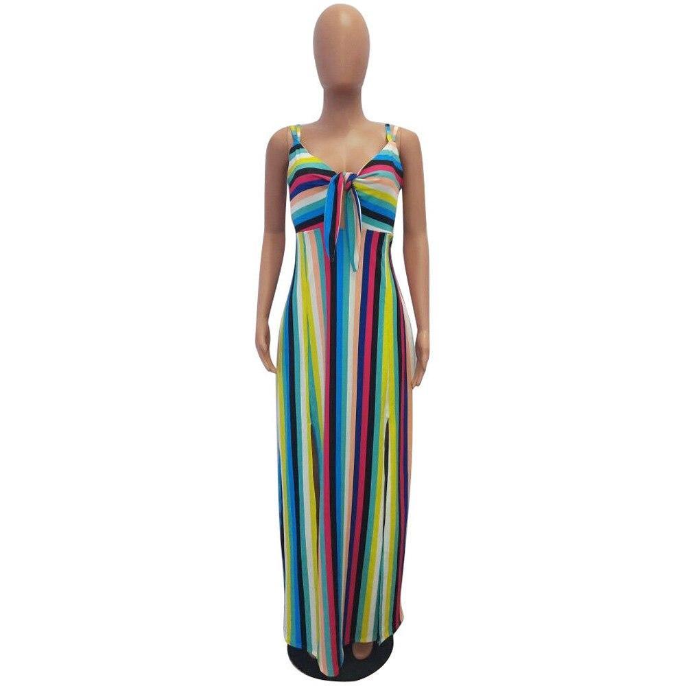 Colorful Striped Bow Knot Spaghetti Strap Side Split Maxi Dress
