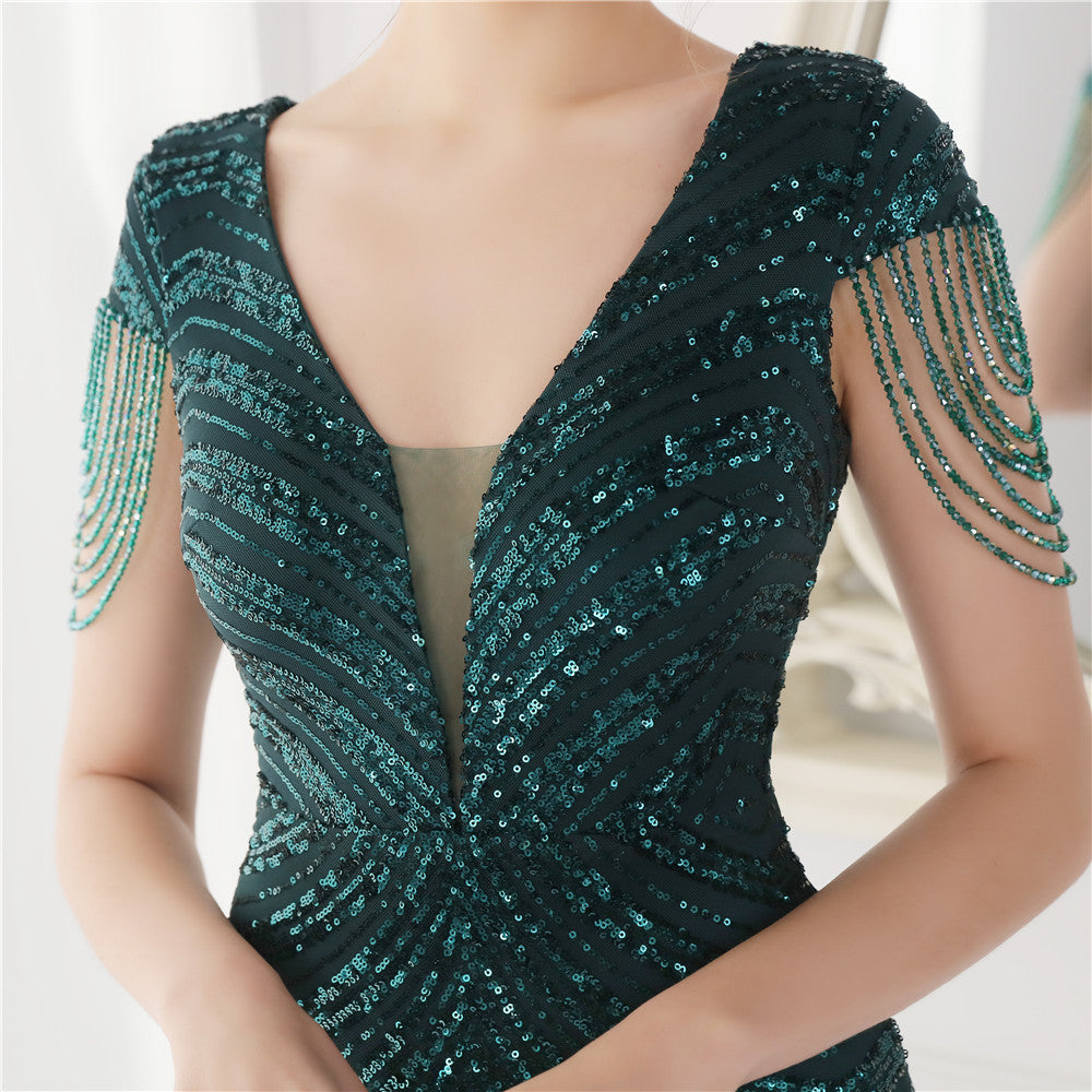 V Neck Sequin Beading Sleeve Maxi Dresses