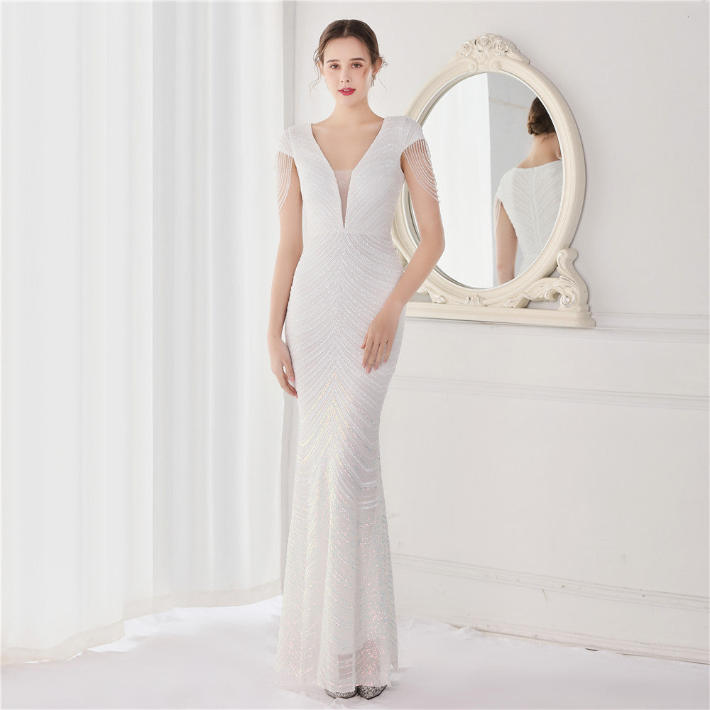 V Neck Sequin Beading Sleeve Maxi Dresses