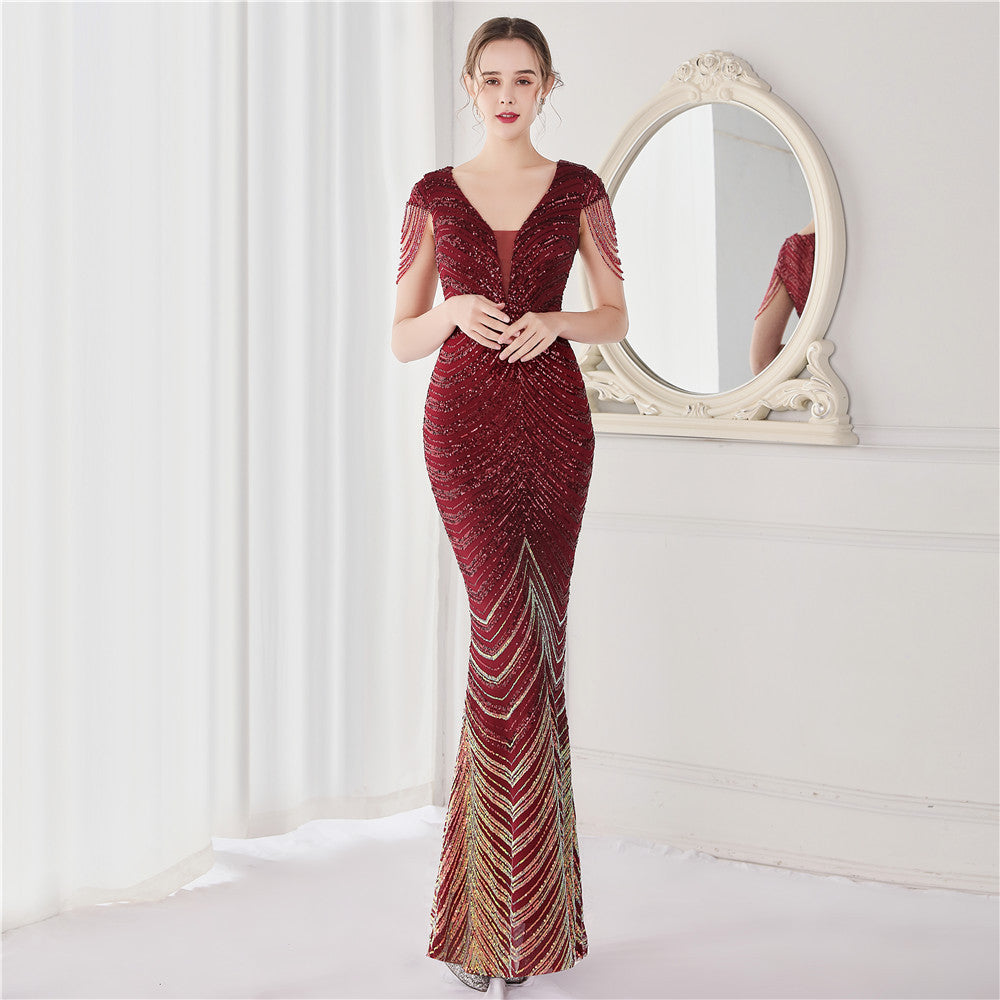 V Neck Sequin Beading Sleeve Maxi Dresses