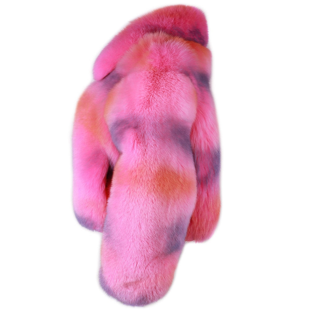 Pink Real Fox Fur Turn-Down Collar Bomber