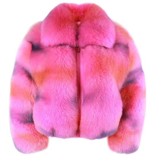 Pink Real Fox Fur Turn-Down Collar Bomber