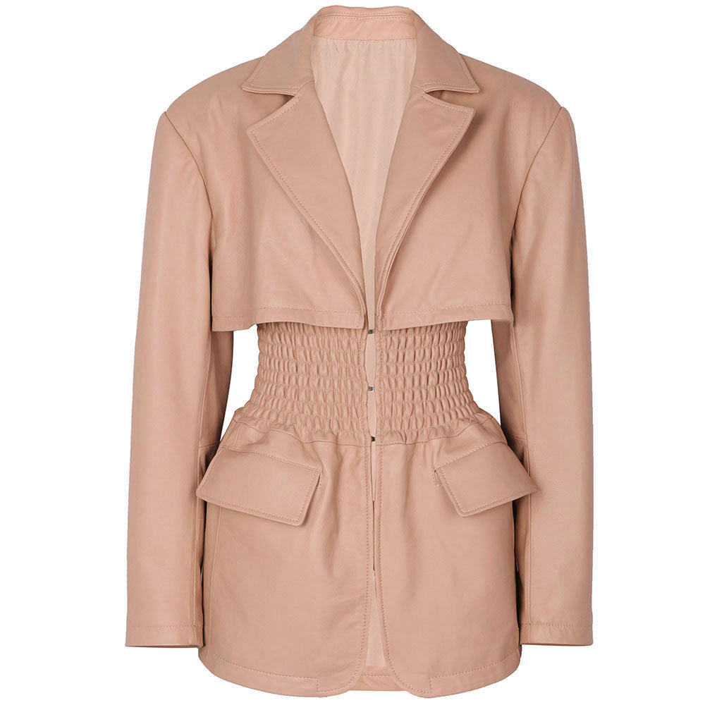 Genuine Leather Wide Cinched Blazer Jackets