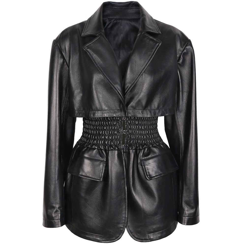 Genuine Leather Wide Cinched Blazer Jackets