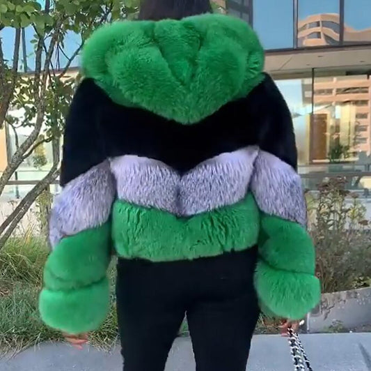 Green Black Silver Genuine Fur Coat