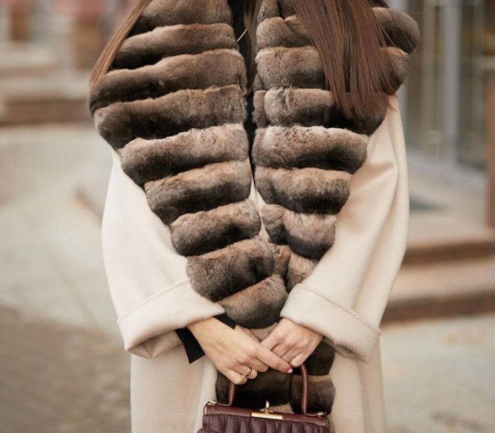 Genuine Double Row Fur Slim Long Wool Coats