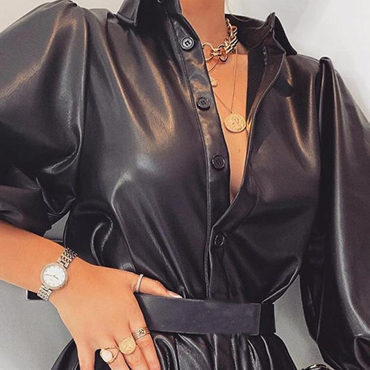 PU Leather Turn Down Collar Half Sleeve Mini Dress