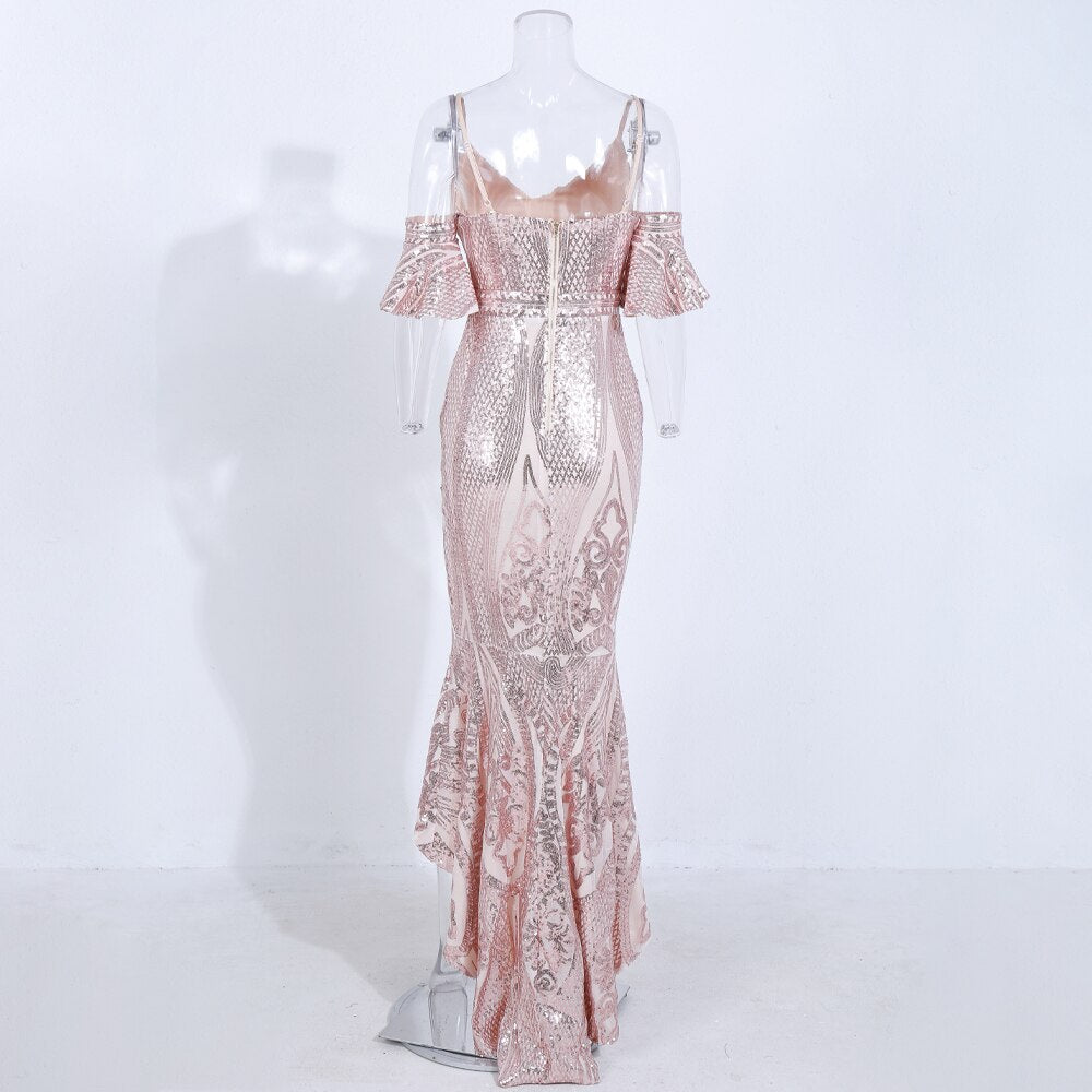 Off the Shoulder Strapless Sequins Split Ruffles Bodycon Dress