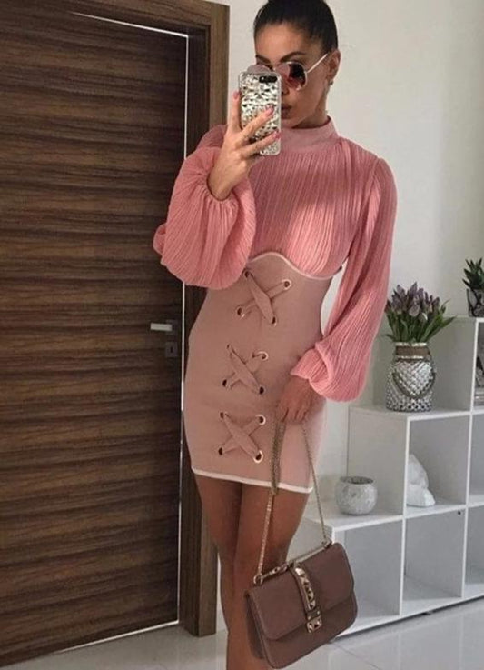 Long Lantern Sleeve Fold Tie Up Bodycon Mini Dresses