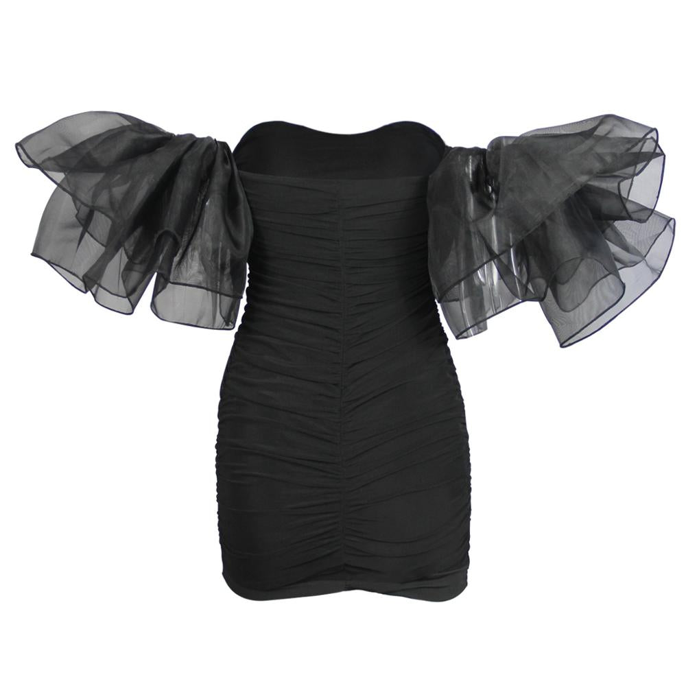 Mesh Puff Sleeve Strapless Pleated Bodycon Mini Dresses