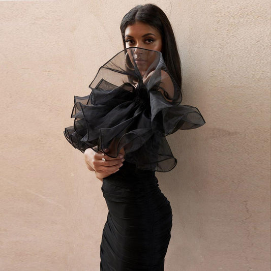 Mesh Puff Sleeve Strapless Pleated Bodycon Mini Dresses