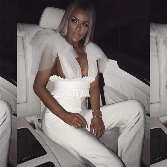 Mesh Lace Deep V High Waist Sleeveless Jumpsuits