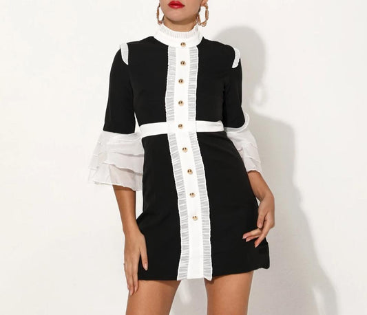 Patchwork High Neck Lace Ruffles Flare Sleeve Mini Dress