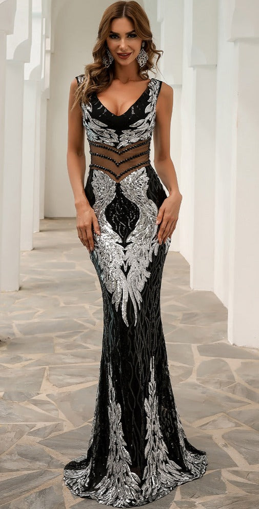 Sequins Belly Mesh Sleeveless Maxi Dresses