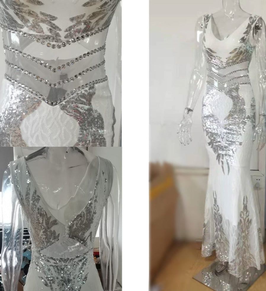 Sequins Belly Mesh Sleeveless Maxi Dresses