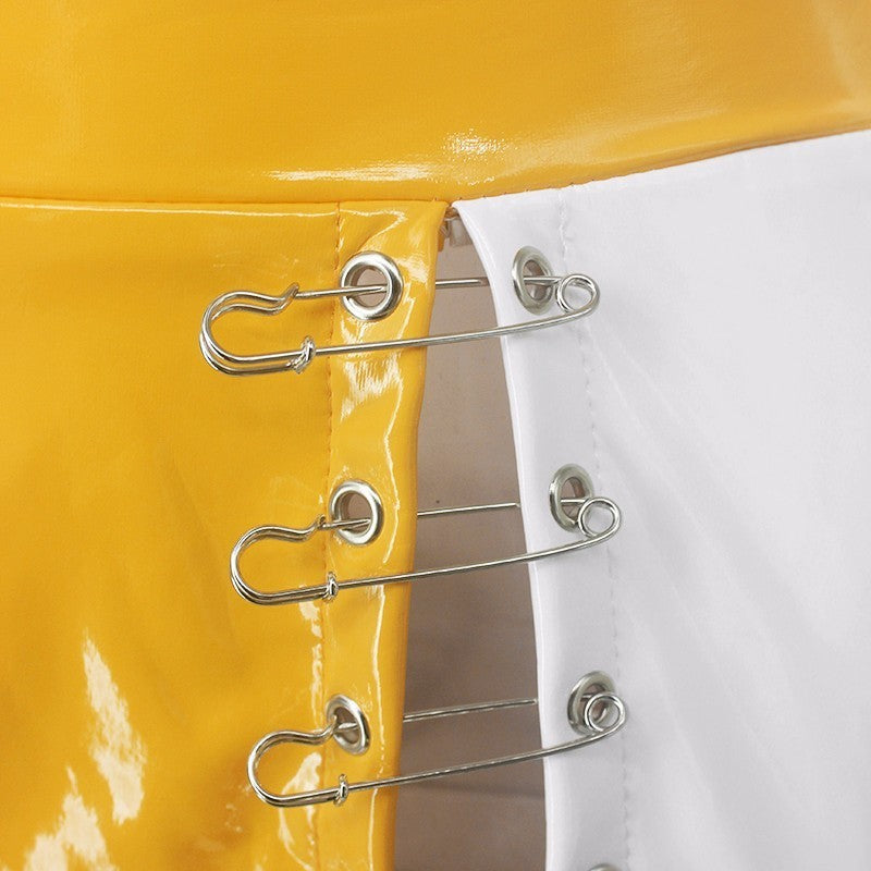 Yellow/White PU Leather Crop Top Bondage Mini Skirt