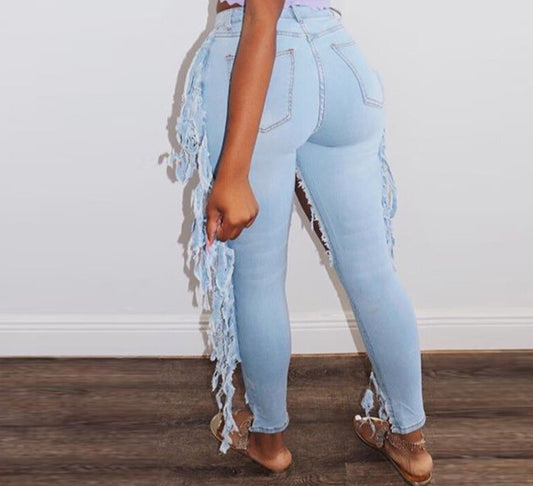 Big Hollow Long Side Tassels Jeans