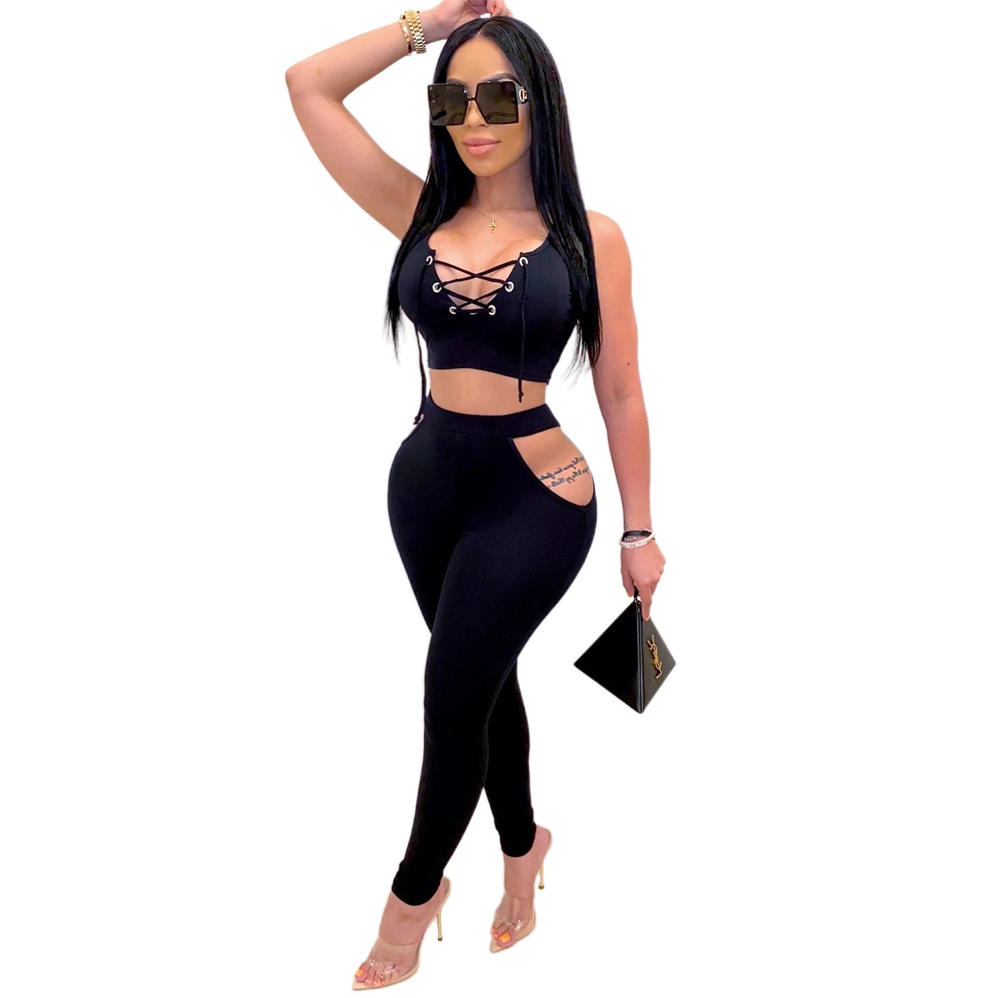 V-Neck Sleeveless Crop Top and Hollow Out Pants Sets