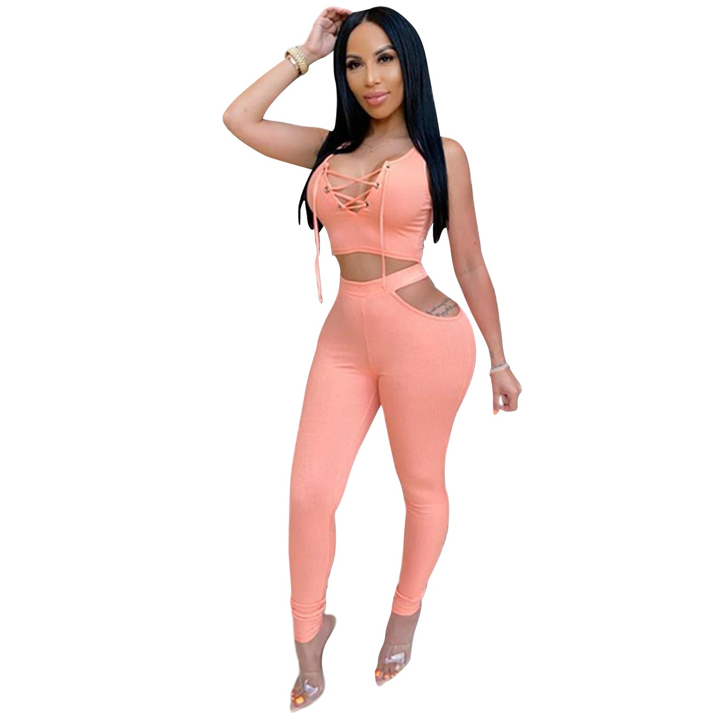 V-Neck Sleeveless Crop Top and Hollow Out Pants Sets