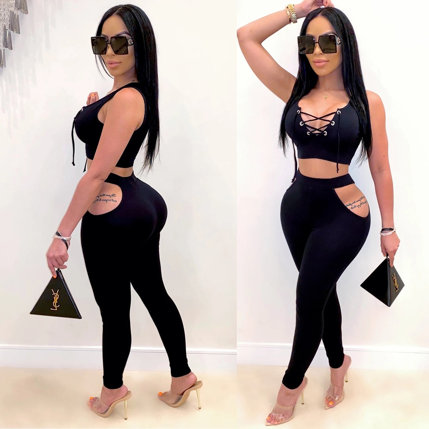 V-Neck Sleeveless Crop Top and Hollow Out Pants Sets