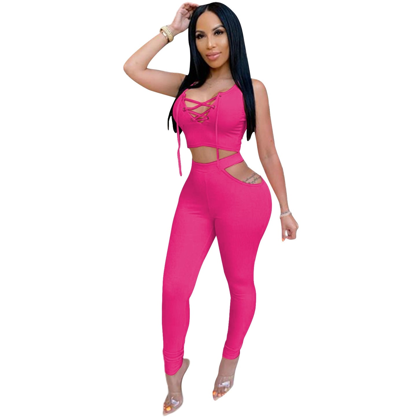 V-Neck Sleeveless Crop Top and Hollow Out Pants Sets