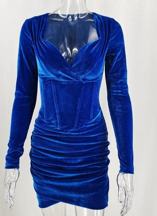 Blue Velvet Long Sleeve Mini Dress