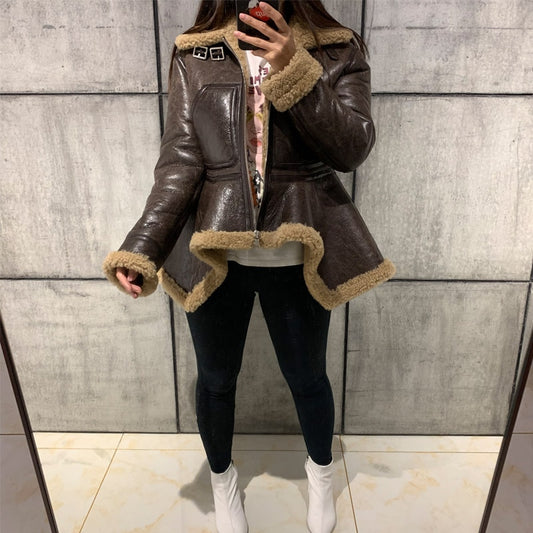 Genuine Leather Shearling Fur Peplum Moto Jackets