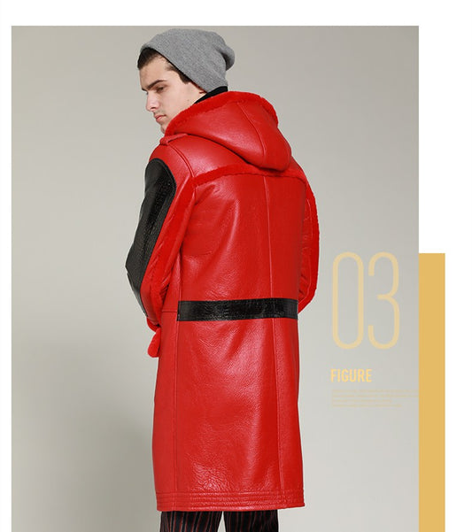 Genuine Leather Real Shearling Fur Lining Hooded Long Coats