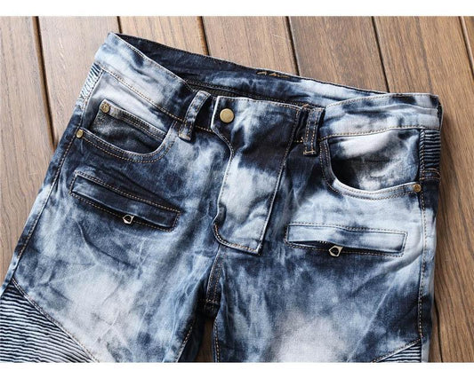 Slim fit Snow Wash Pleaded Biker Denim Jeans