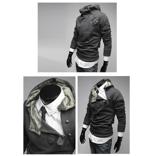 Collar Oblique button Slim Fit Hoodies